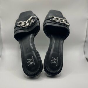 Worthington Black Slide Mules with Silver Chain Accent